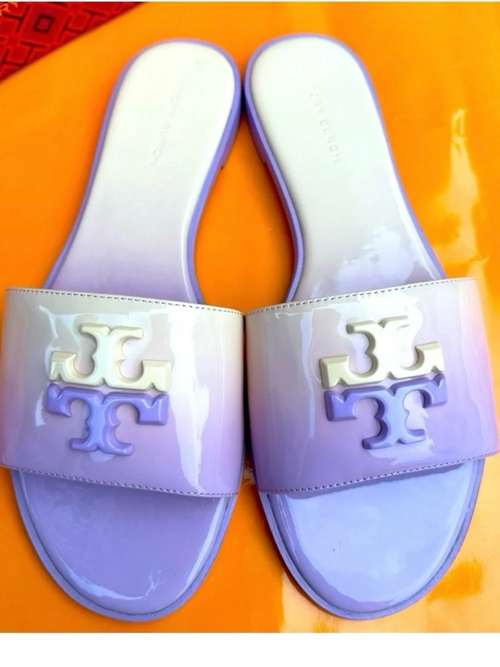 Tory Burch Lavender Ombre Patent Logo Slide Sandals
